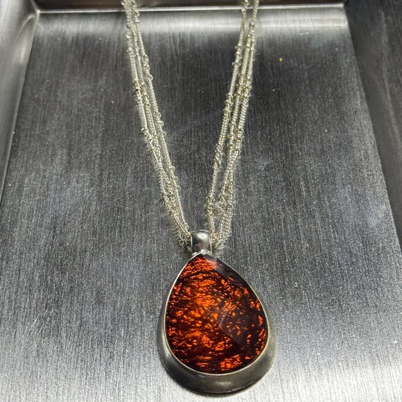 Chico’s Statement Necklace Amber Teardrop Pendant Multi-Strand Chain EUC - Picture 2 of 9